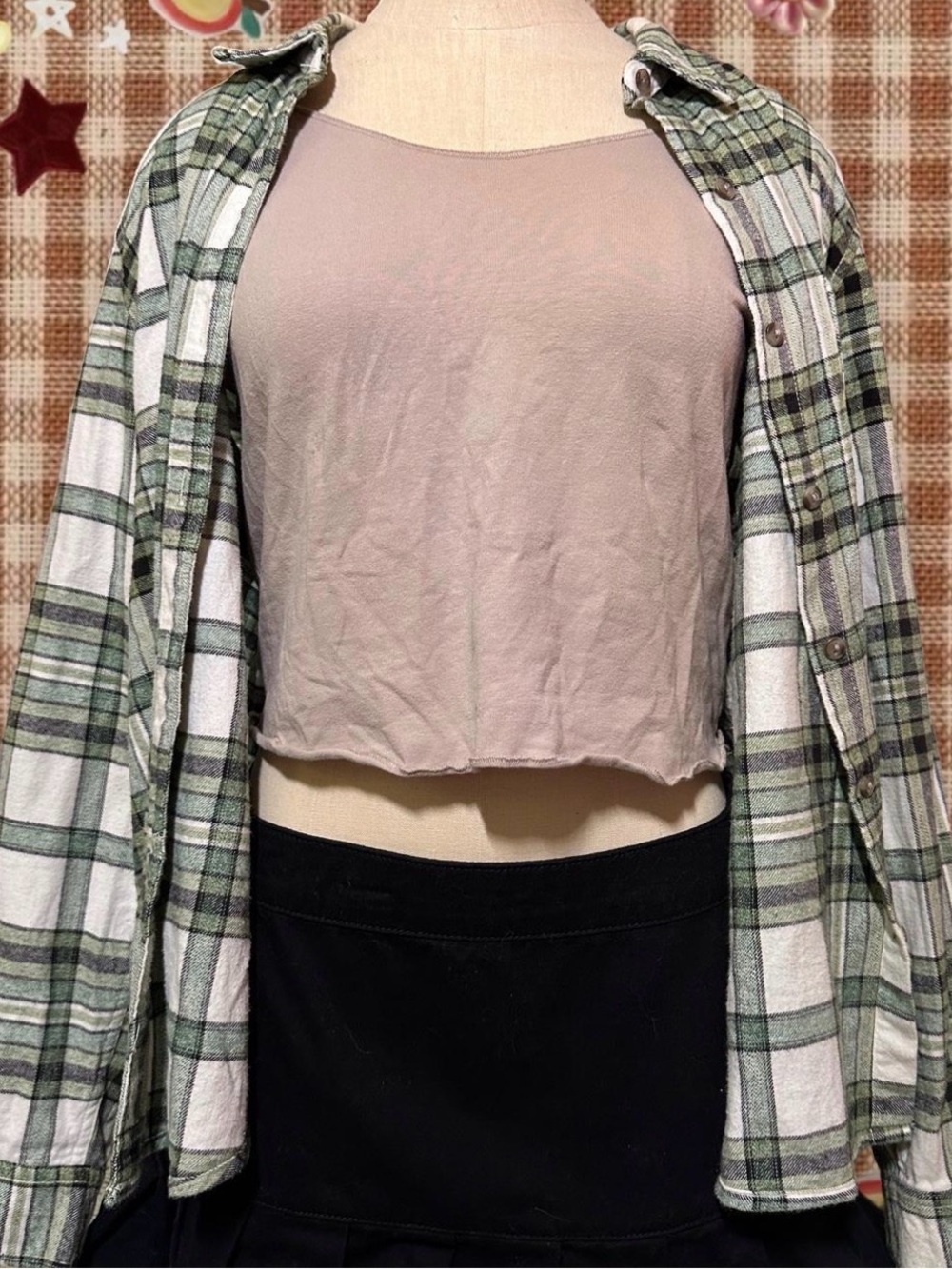 Indie Skater Green White Plaid Flannel Button Down Shirt